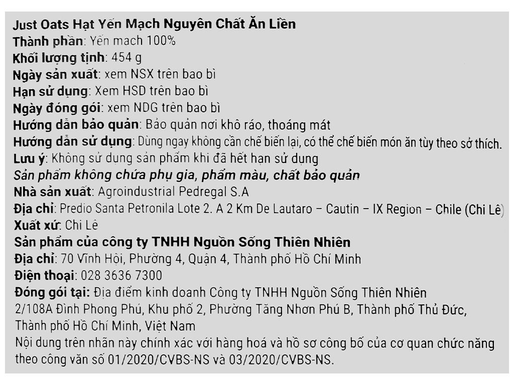 4/8 Hạt yến mạch cán mỏng Just Oats nguyên chất ăn liền gói