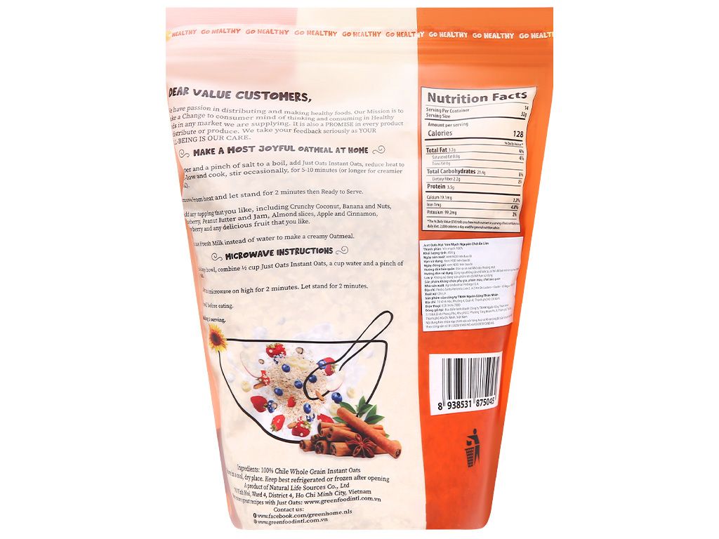 4/8 Hạt yến mạch cán mỏng Just Oats nguyên chất ăn liền gói
