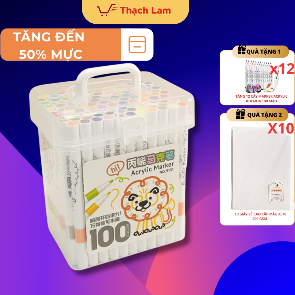 Bút màu ACRYLIC Marker 100 màu 9131 đầu tròn chống thấm nước không bịnhòe vẽ lên được nhiều chất