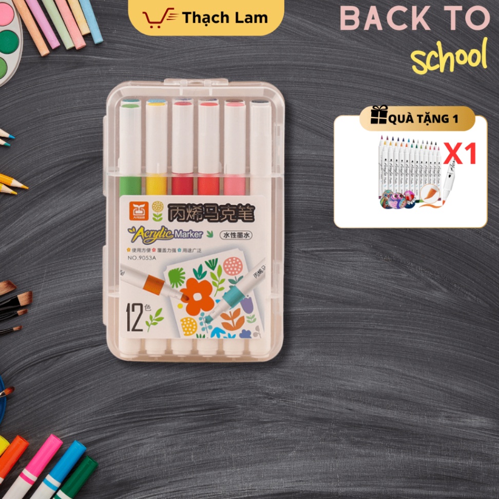 Bút màu ACRYLIC Marker 12 màu đầu tròn chống thấm nước không bịnhòe vẽ lên được nhiều chất