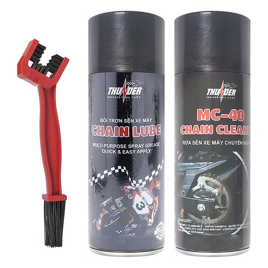 Combo Chai dưỡng sên Thunder Chain Lube 400ml + Chai vệ sinh sên Thunder Clean MC-40 + Bàn chải chà sên 3 chiều