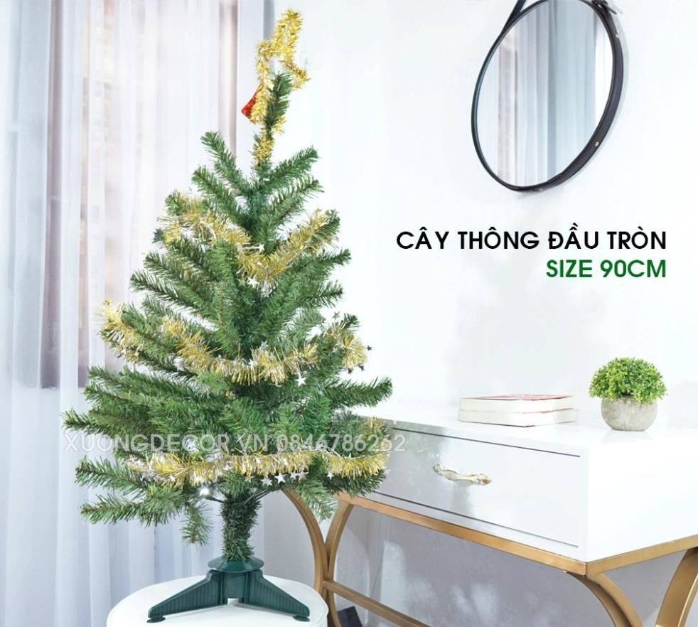 Cây Thông Noel Đầu Tròn Màu Xanh Cao 90CM Tặng 1 Ngôi Sao Và 2 Dây Kim Tuyến