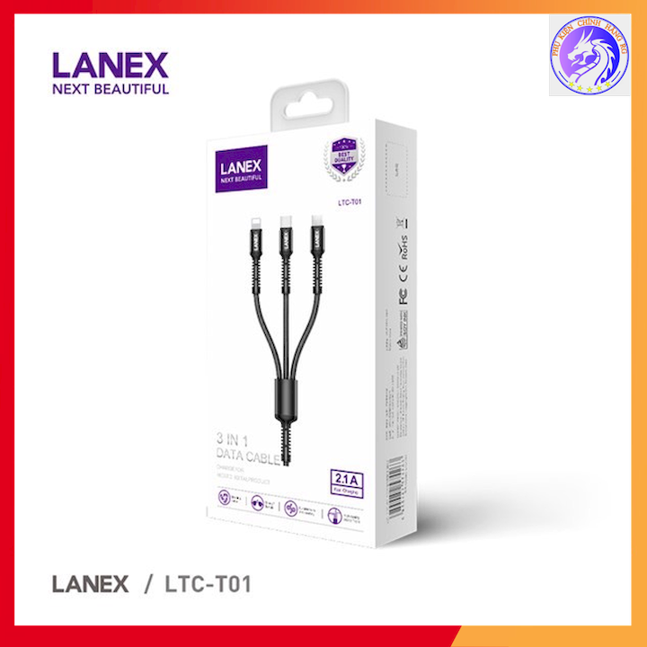 CÁP SẠC NHANH DÂY DÙ 2.4A 3 IN 1 LANEX LTC-T01 - DÀI 1.2M - Đen