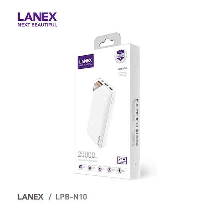 PIN DỰ PHÒNG LITHIUM 2 CỔNG USB 2.1A 20000MAH LANEX LPB-N10 - ĐÈN LED - Trắng
