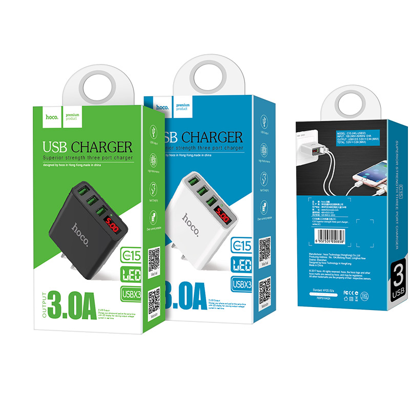 Củ sạc 3 cổng USB Hoco C15 có màn LED hiển thị đo dòng Hàng Chính Hãng Ổn định dòng - Trắng