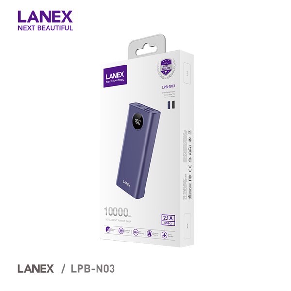 PIN DỰ PHÒNG POLYMER A+ 2 CỔNG USB 2.0A 10000MAH LANEX LPB-N03 - MÀN HÌNH LED - Đen