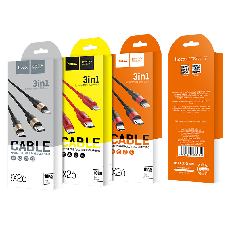 Cáp sạc 3 in 1 X26 LIGHTNING + MICRO + TYPE-C - Đen & đỏ