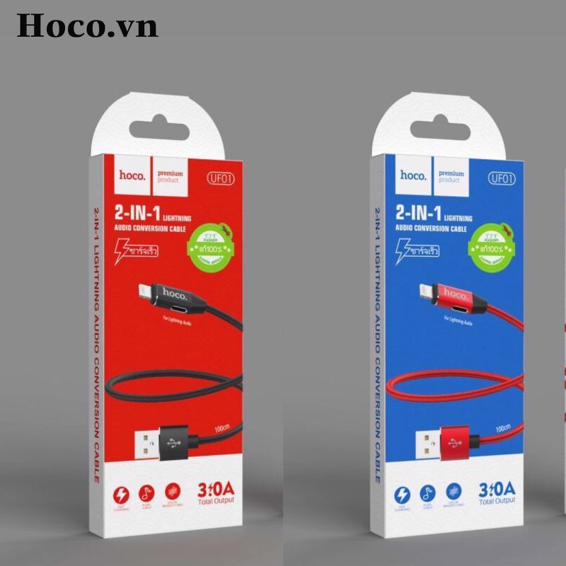 Cáp Sạc Nhanh Hoco UF01 2 in 1 Cho Iphone Kiêm Jack Cắm Tay Nghe Lighning - Đen