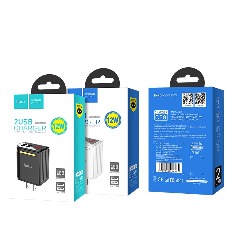 CỦ SẠC HOCO C39 MAX 5V 2.4A 12W 2 CỔNG USB LED HIỂN THỊ DÒNG ĐIỆN IC ỔN ĐỊNH ĐIỆN ÁP - Trắng