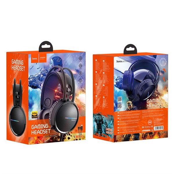 HEADPHONE CHƠI GAMES JACK 3.5MM CÓ MIC HOCO W100 DÀI 2.4M CÓ ĐÈN LED - Đen