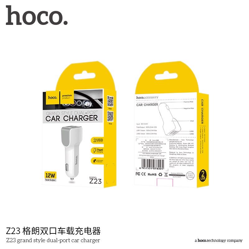 CÓC SẠC NHANH XE HƠI 2 CỔNG USB 2.4A HOCO Z23