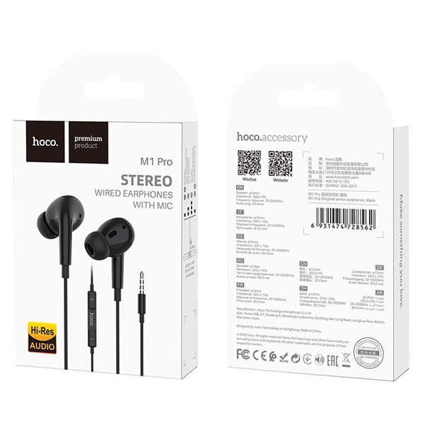 TAI NGHE NHỰA TPE JACK 3.5MM CÓ MIC CÓ LOGO HOCO M1 PRO - DÀI 1.2M