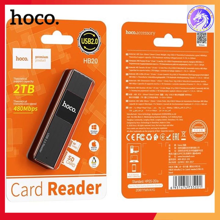 Đầu Đọc Thẻ Nhớ 2 In 1 Đọc Thẻ TF Và SD Hoco HB20 Màu Đen