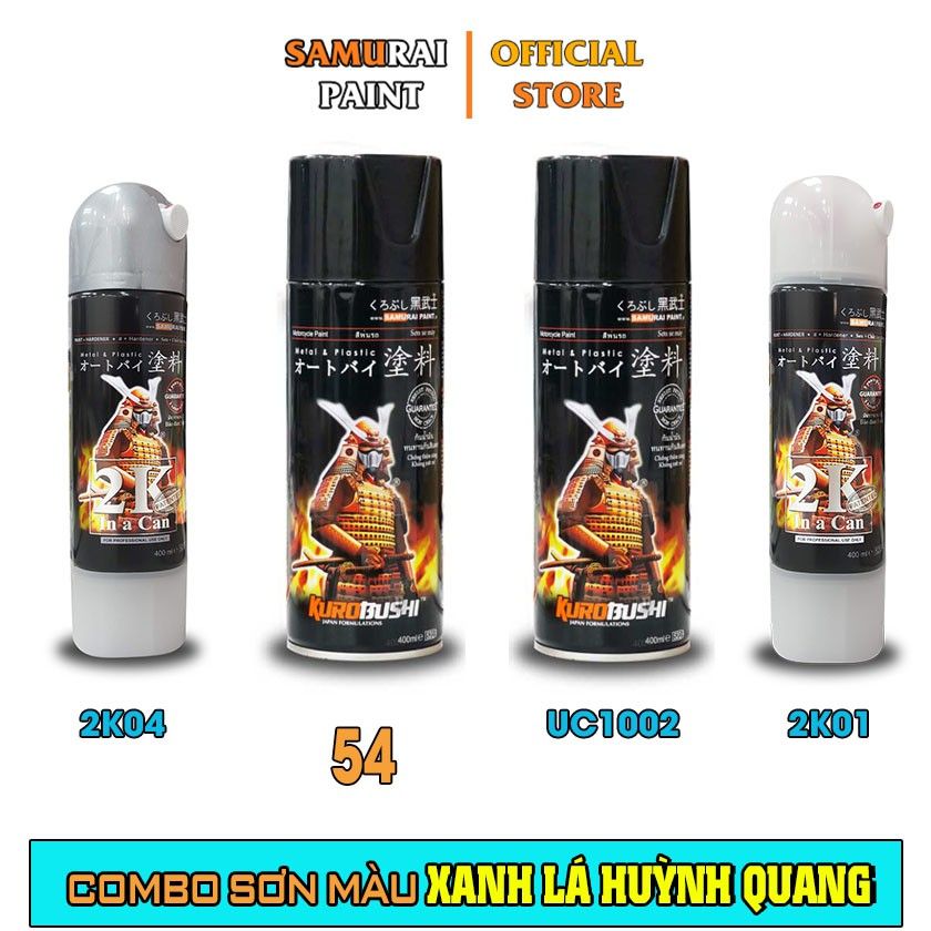 Combo Sơn Samurai Màu Xanh Lá Huỳnh Quang Chính Hãng Cao Cấp (54 - UC1002 - 2K01 - 2K04 - P800)