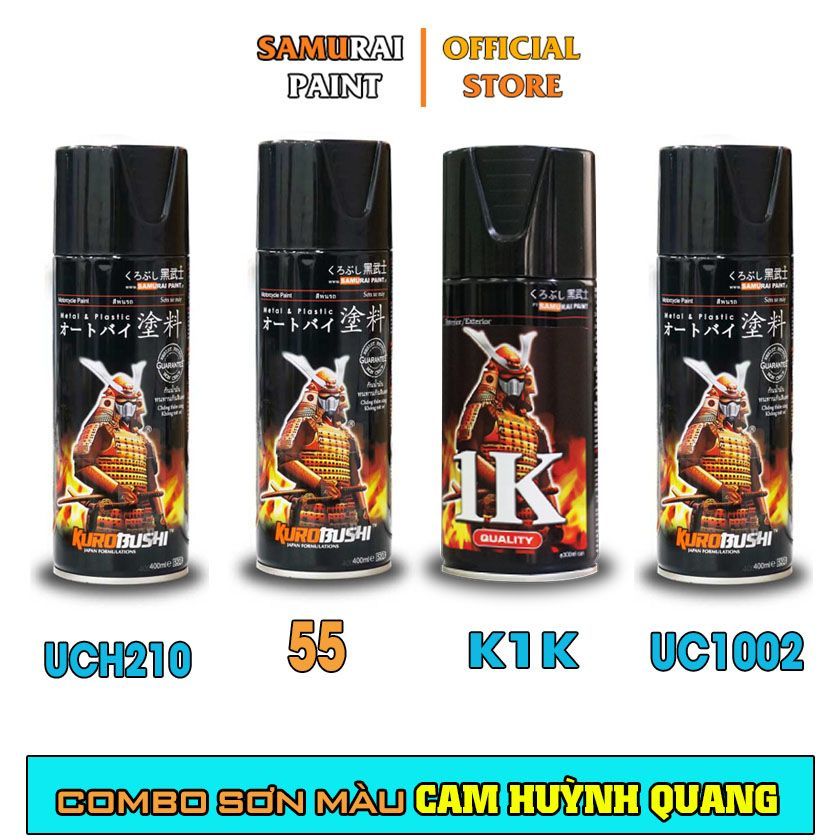 Combo 4 Chai Sơn Xịt Samurai Màu Cam Huỳnh Quang Gồm: UCH210 - UC1002 - 55 - K1K