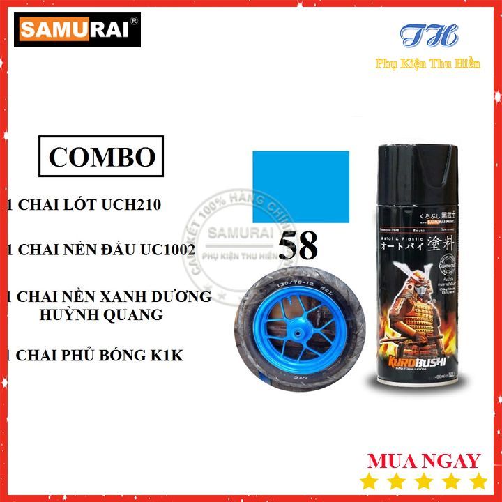 Combo 4 Chai Sơn Xịt Samurai Màu Xanh Dương Huỳnh Quang Gồm: UCH210 - UC1002 - 58 - K1K