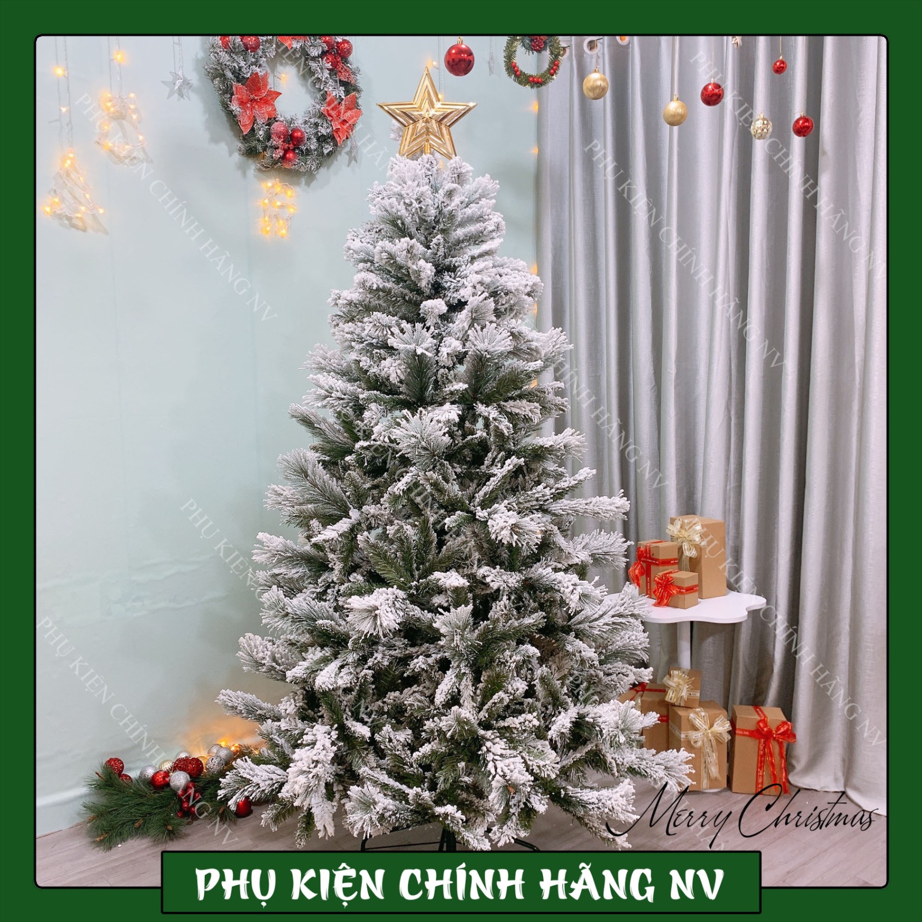 Cây Thông Noel Cước 3 Loại Lá Phủ Tuyết Cây Treo Cao 1M5 Chân Sắt Tặng Kèm 3 Sợi Kim Tuyến + 1 Ngôi Sao + Đế Giấy Trang Trí