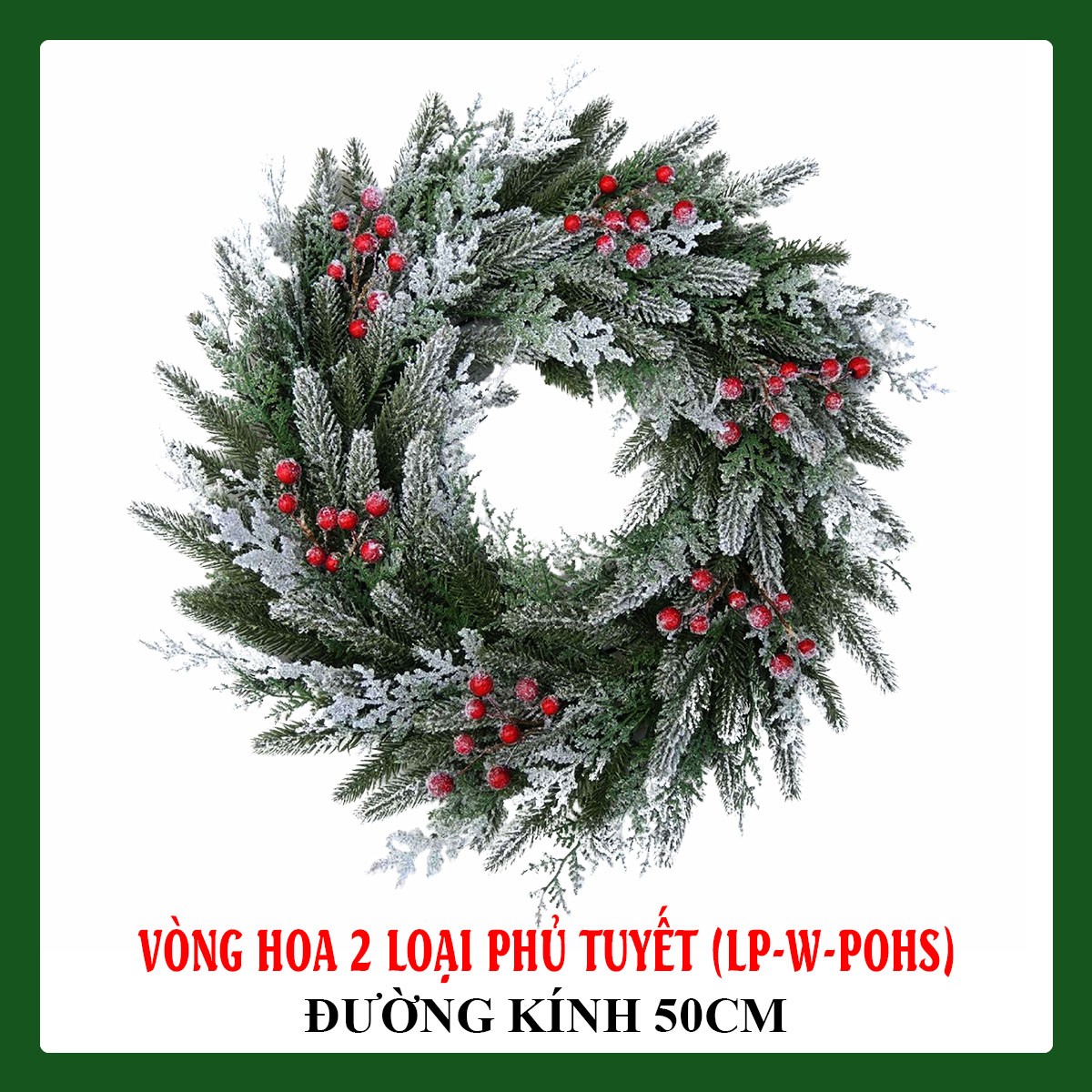 Vòng Nguyệt Quế Trang Trí Noel 2 Loại Lá Phủ Tuyết Có Trang Trí 50CM