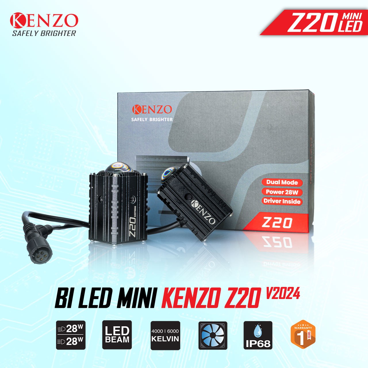 Đèn Trợ Sáng Bi Cầu Mini Kenzo Z20 V2024 Bản Mới 28W Chính Hãng Bảo Hành 12T Cos Trắng Pha Vàng 6000/4000 1 Cái