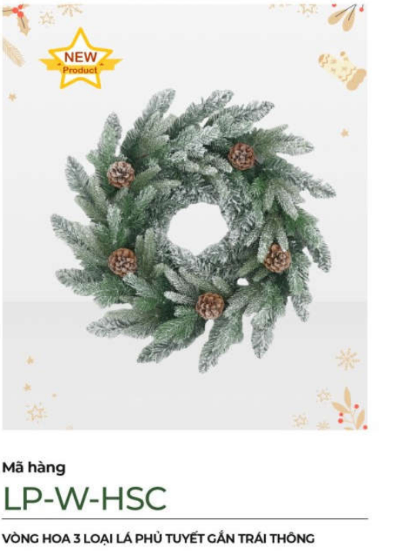 Vòng Nguyệt Quế Trang Trí Noel 3 Loại Lá Phủ Tuyết Gắn Trái Thông 61cm ( W24)