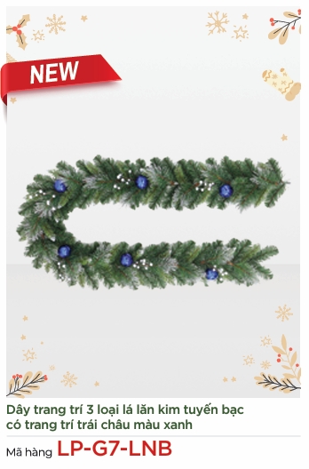 Dây Trang Trí Noel 3 Loại Lá Lăn Kim Tuyến Bạc Có Trang Trí Trái Châu Màu Xanh Dài 210CM