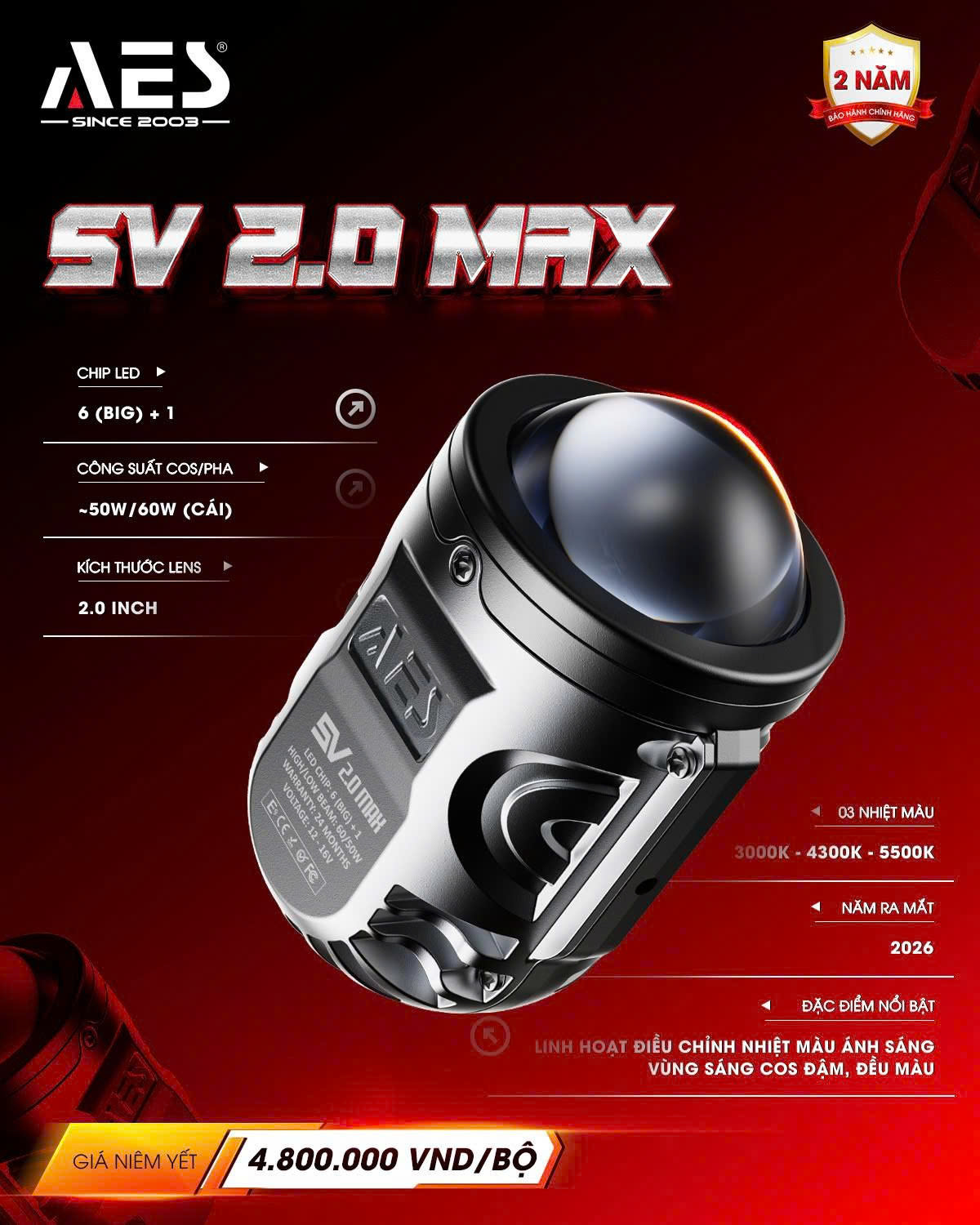 Đèn Bi Gầm Trợ Sáng Bi Cầu Led AES SV 2.0 Max 60W BH 24T Giá 1 Cái Bản Ô Tô Sáng 3 Màu Giá 1 Đèn - Pát Toyota
