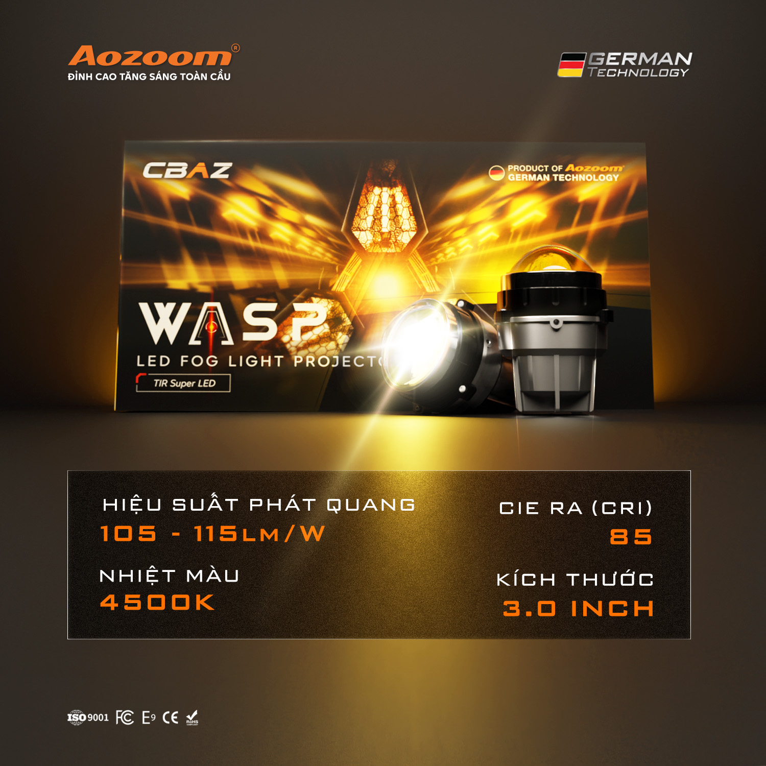 Đèn Bi Gầm Trợ Sáng Bi Cầu Led Aozoom LED WASP FOG LIGHT 3.0 Inch Chân Toyota 55W Ánh Sáng 3000k Giá 1 Bóng