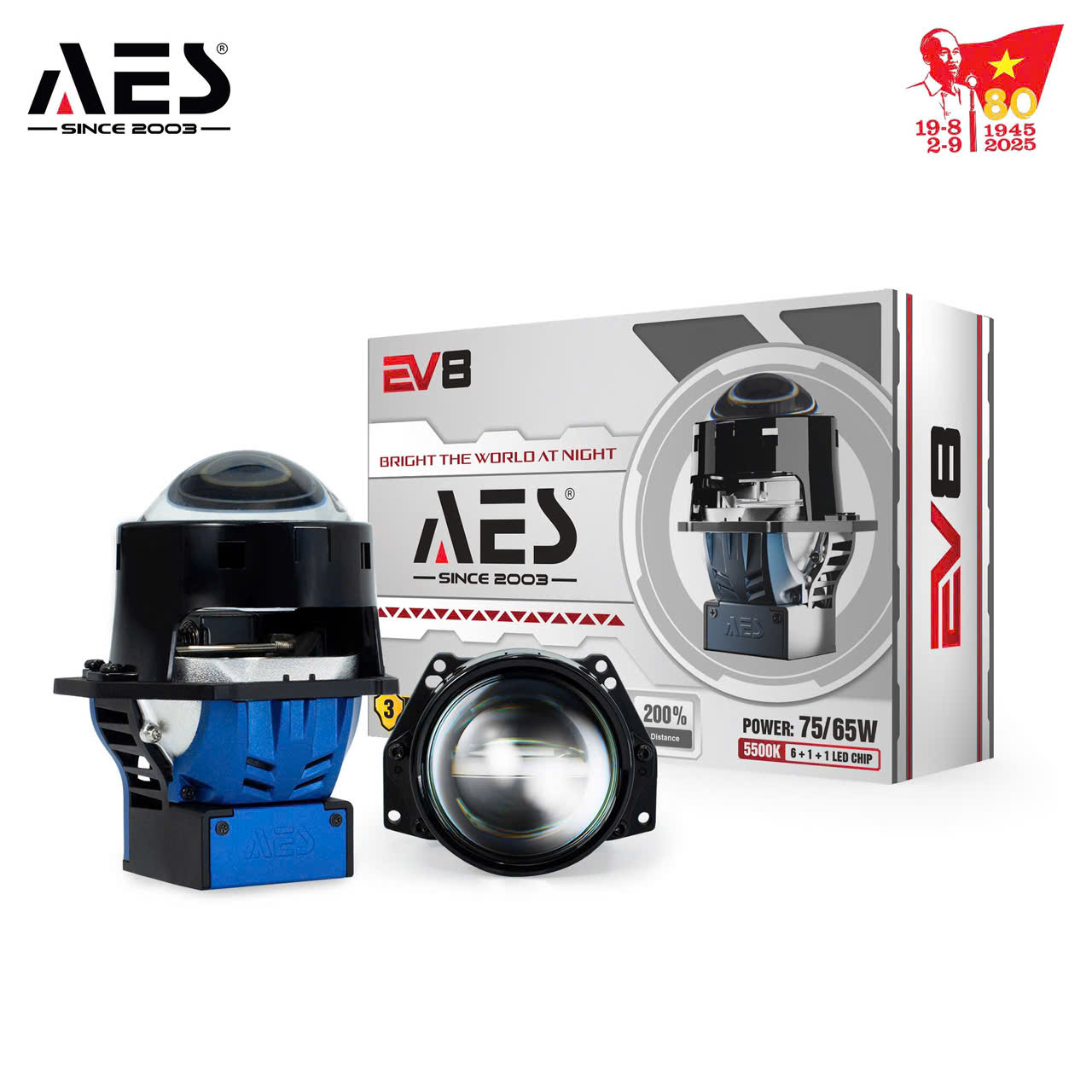 Đèn Bi Led AES EV8 65w/75w 3.0 inch Ánh Sáng 5500K BH 2 Năm