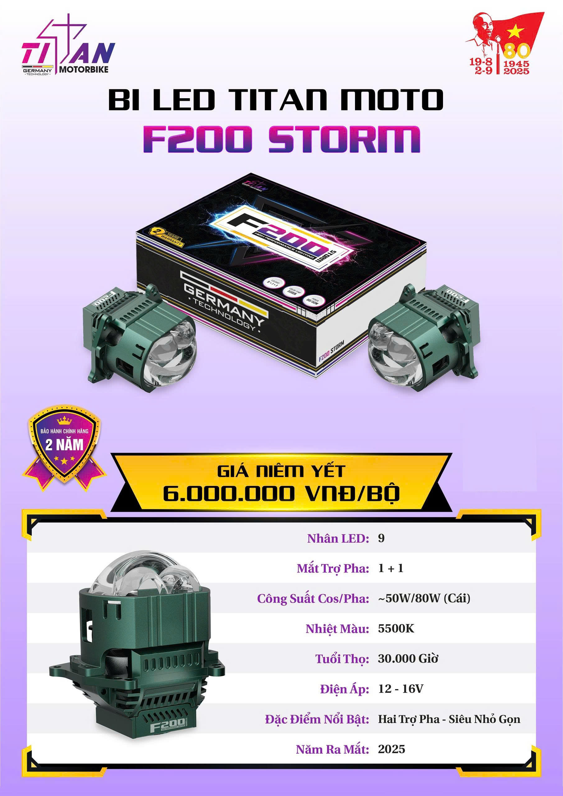 Đèn Led Bi Cầu Bi Led TITAN Moto F200 Storm Lens Vuông 80W Chính Hãng Bảo Hành 24 Tháng 1 Bóng
