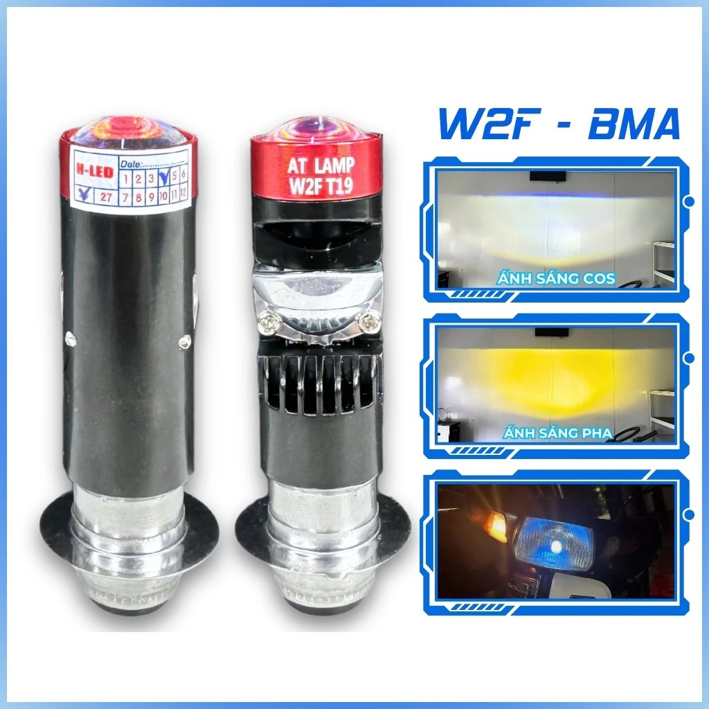 Đèn Pha Led Bi Cầu Chân M5/T19 BMA W2F ATLAMP – Điện Bình Cho Xe Máy Wave nhỏ/Dream/Wave Thái, Future... Đời Đầu - Cos Trắng Pha Vàng