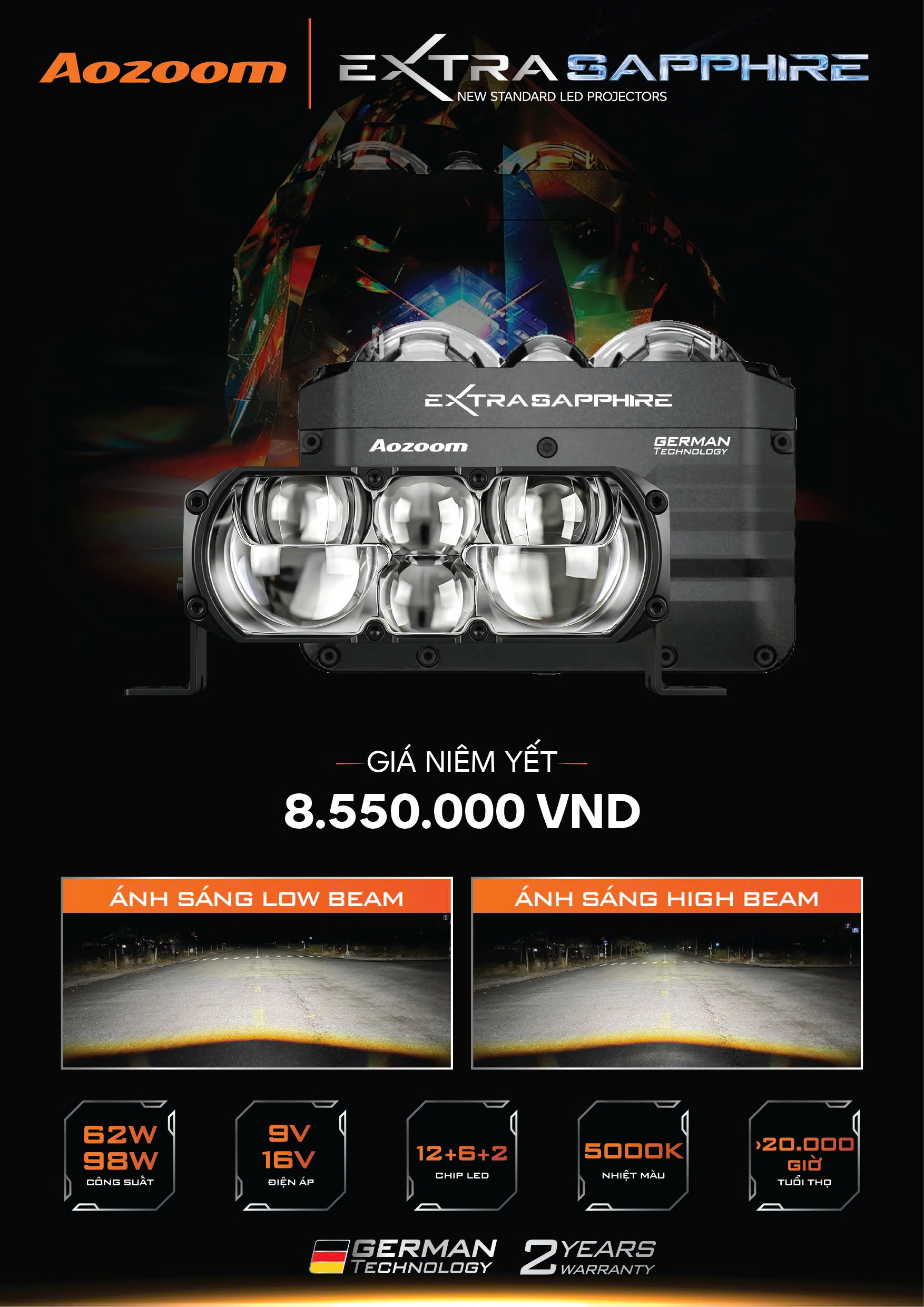 Đèn Trợ Sáng Aozoom Extra Sapphire 98w Nhiệt Màu 5000k Ánh Sáng Trắng