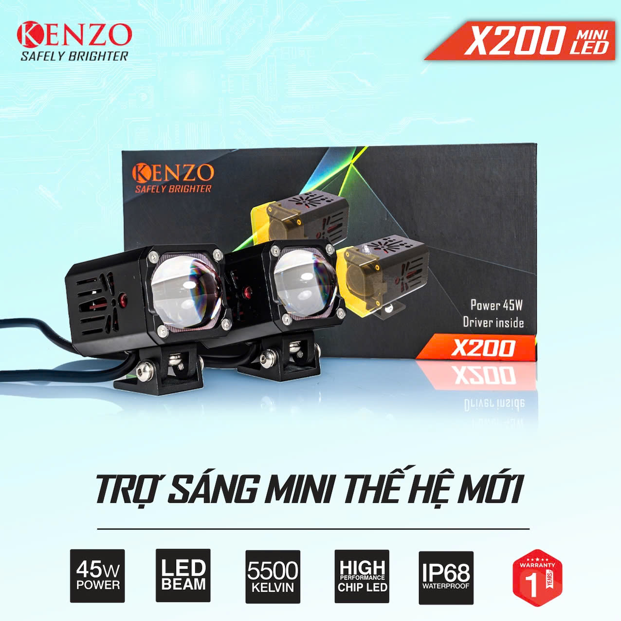 Đèn Trợ Sáng Bi Cầu Mini Kenzo X200 2025 45W Chính Hãng BH 12T Cos Trắng Pha Trắng Kèm Chụp Les Vàng 1 Cái