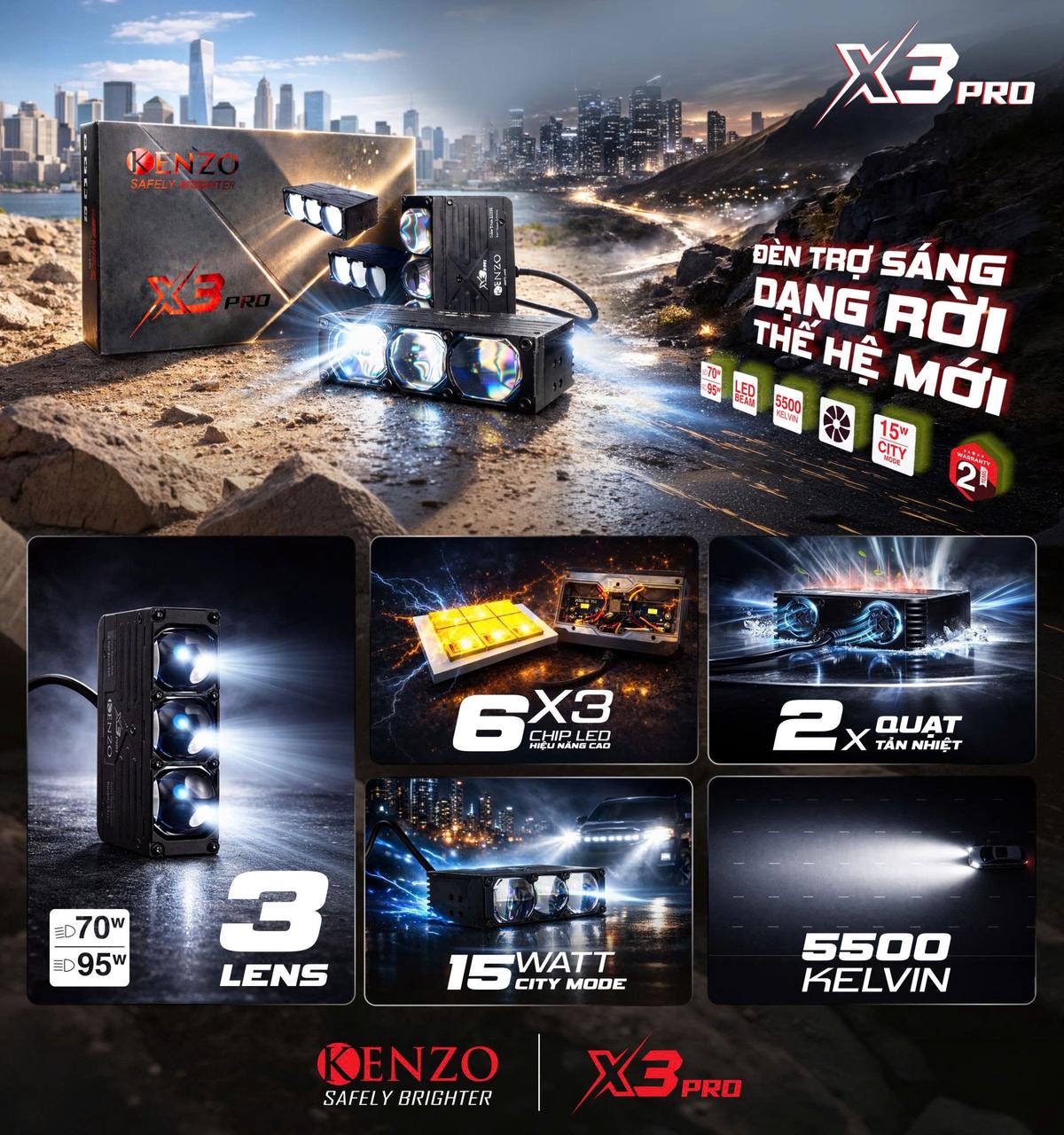 Đèn Trợ Sáng Kenzo X3 Pro 95w Nhiệt Màu 5500k Ánh Sáng Trắng