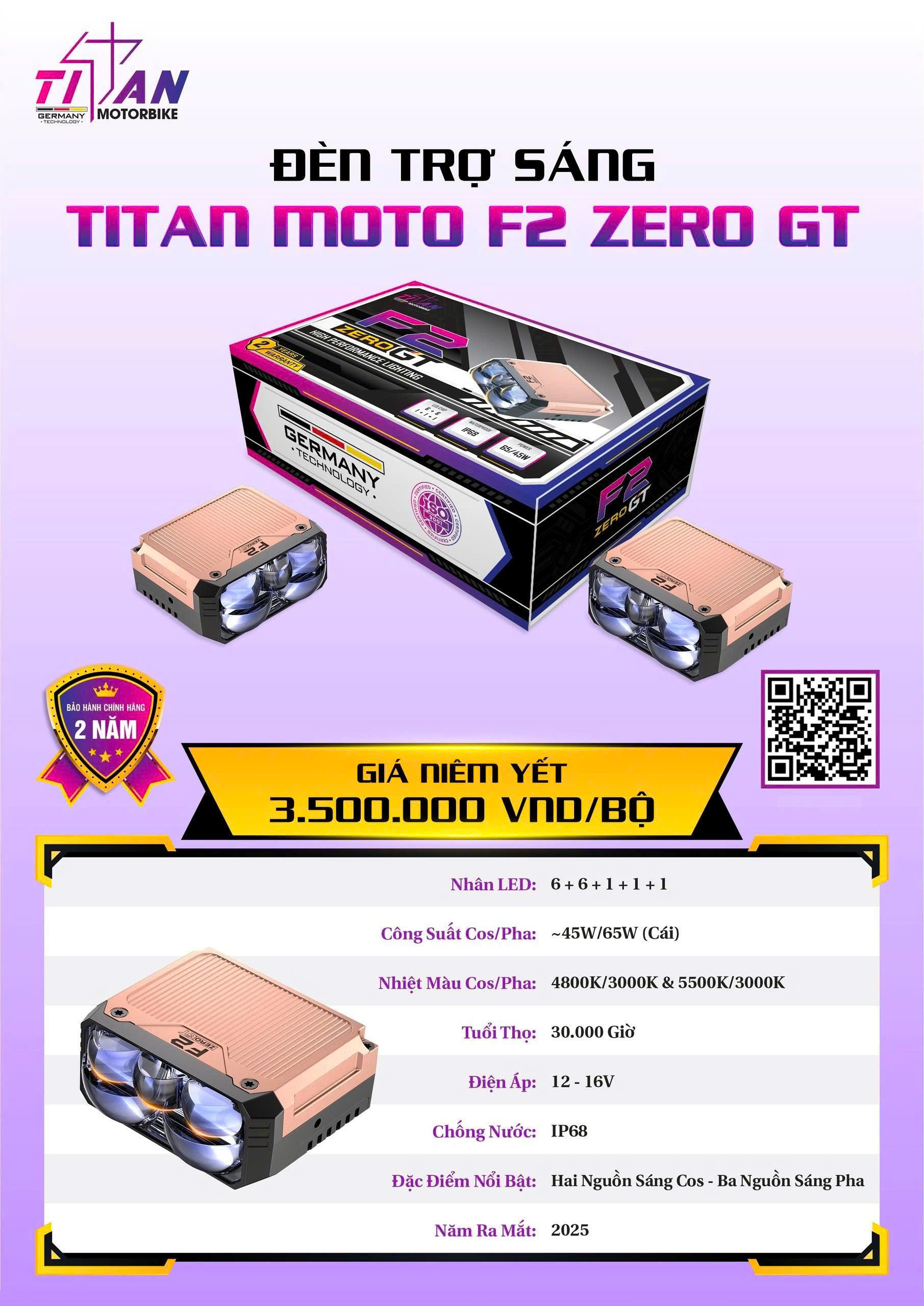 Đèn Trợ Sáng Titan F2 Zero GT Chính Hãng Cost Vàng Pha Vàng 48000/3000 1 Cái 65w