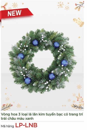 Vòng Nguyệt Quế Trang Trí Noel 3 Loại Lá Lăn Kim Tuyến Bạc Có Trang Trí Trái Châu Màu Xanh Đường Kính 50CM
