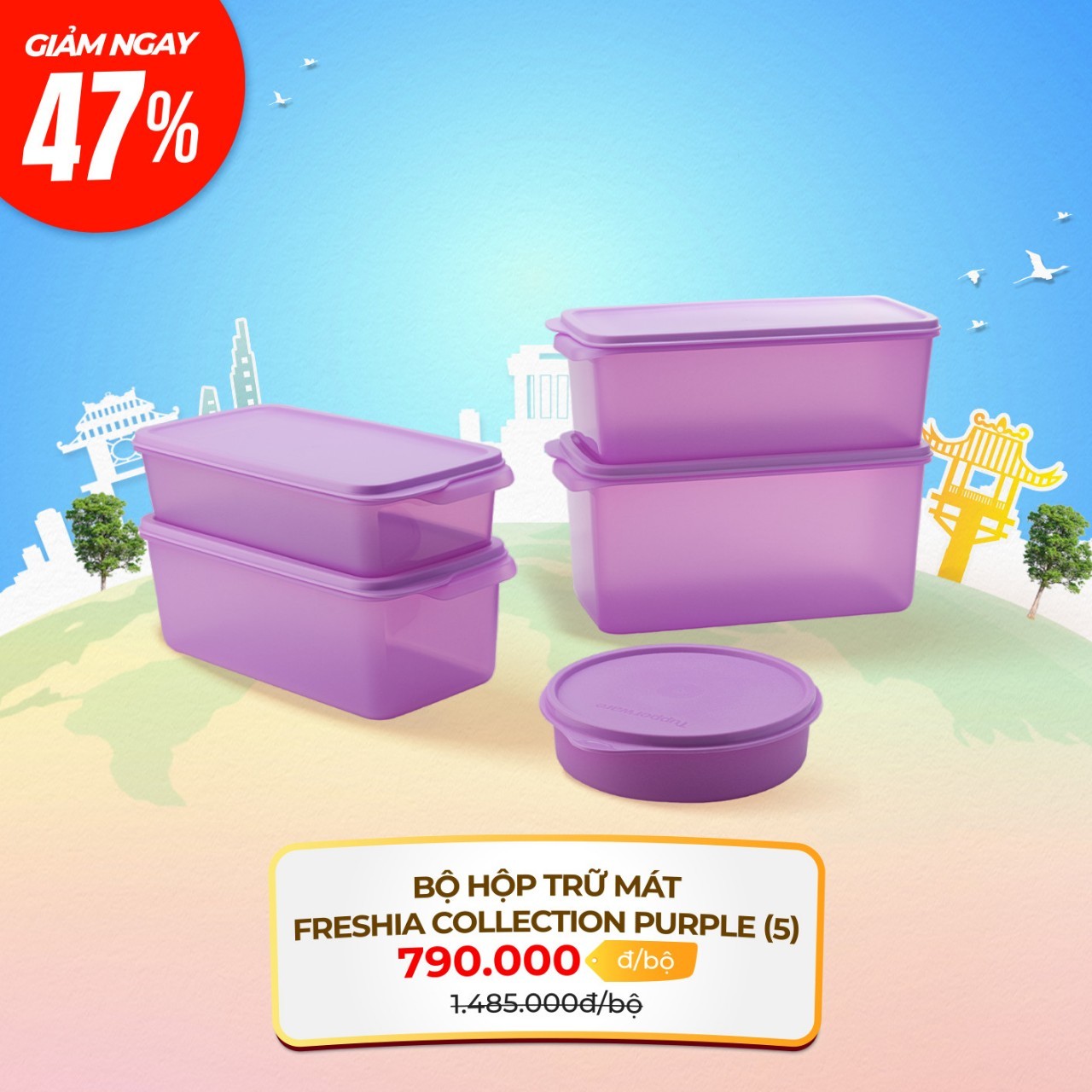 Bộ 5 hộp trữ mát Tupperware Freshia Collection màu tím (NKTQ)