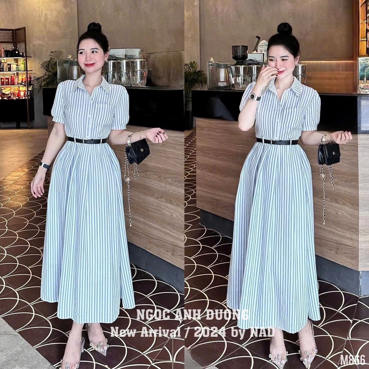 VÁY KẺ XẾP LI TAY BỒNG KÈM ĐAI