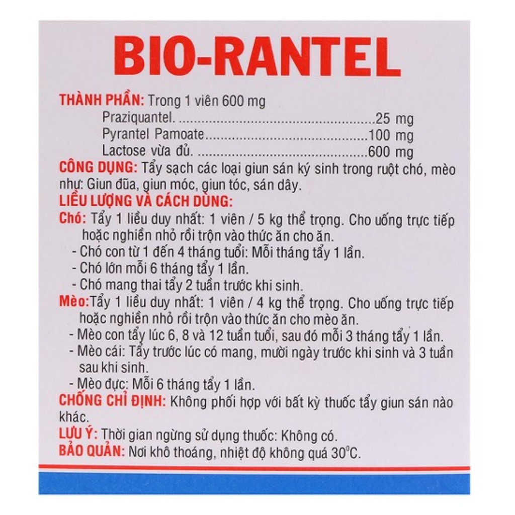 Combo 10 viên Bio Rantel chuyên dùng cho chó mèo - Hộp 10 viên