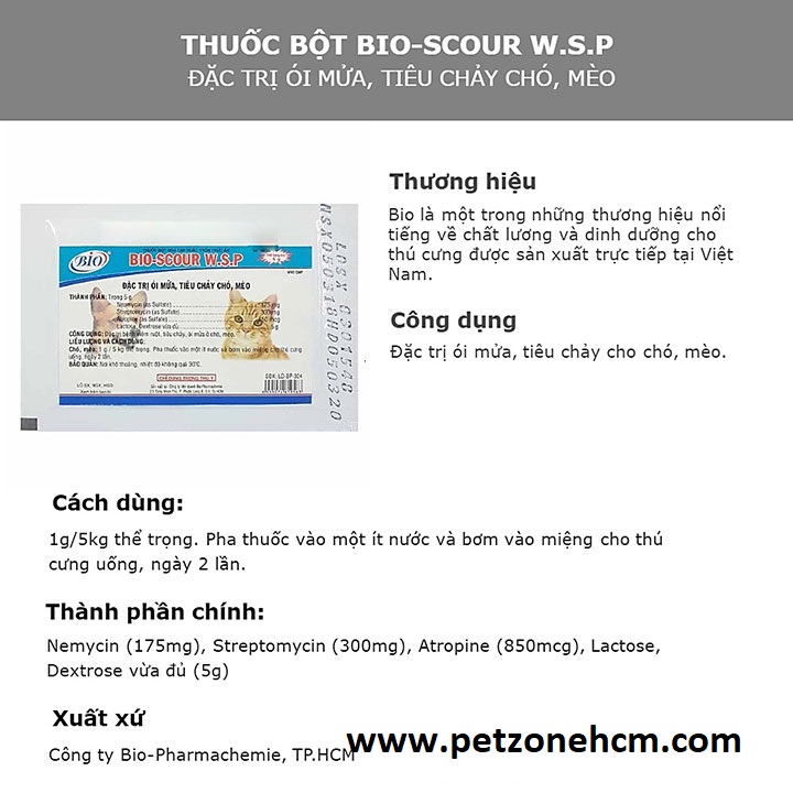 Bột Kiểm Soát Ói Mửa, Tiêu Chảy Cho Chó Mèo Bio-Scour 5g