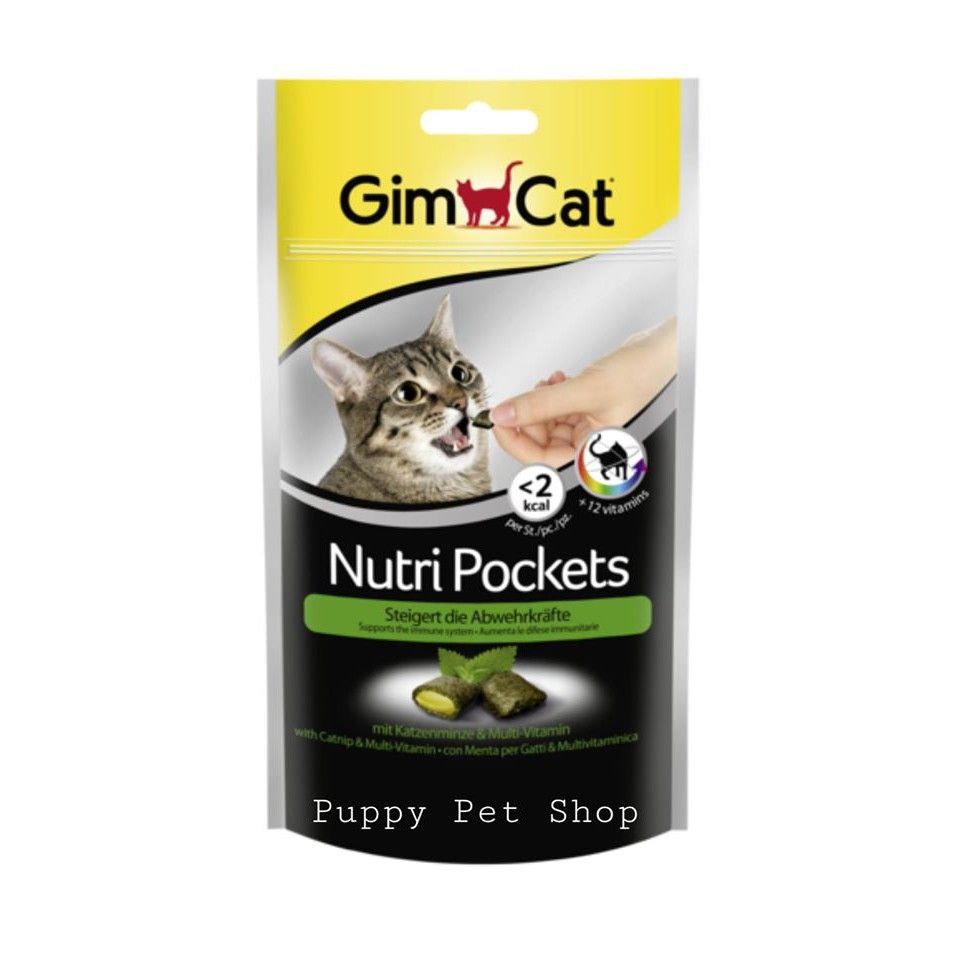 Bánh thưởng snack cho Mèo GIMCAT NUTRI POCKETS 60g - có nhân Vị Gà/Catnip/Phô mai/Cá hồi - PetZoneHCM - Cỏ mèo+Vitamin