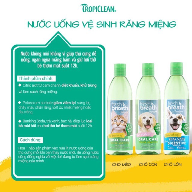 Nước vệ sinh răng miệng Tropiclean - Fresh Breath Dental Health For Cat - 473ml