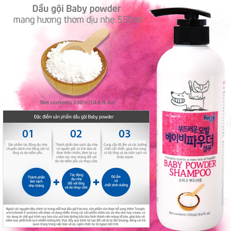 Sữa tắm cho chó con Forcans Baby Powder Forbis 550ml - Dầu gội dưỡng da và lông cho chó con Hàn Quốc