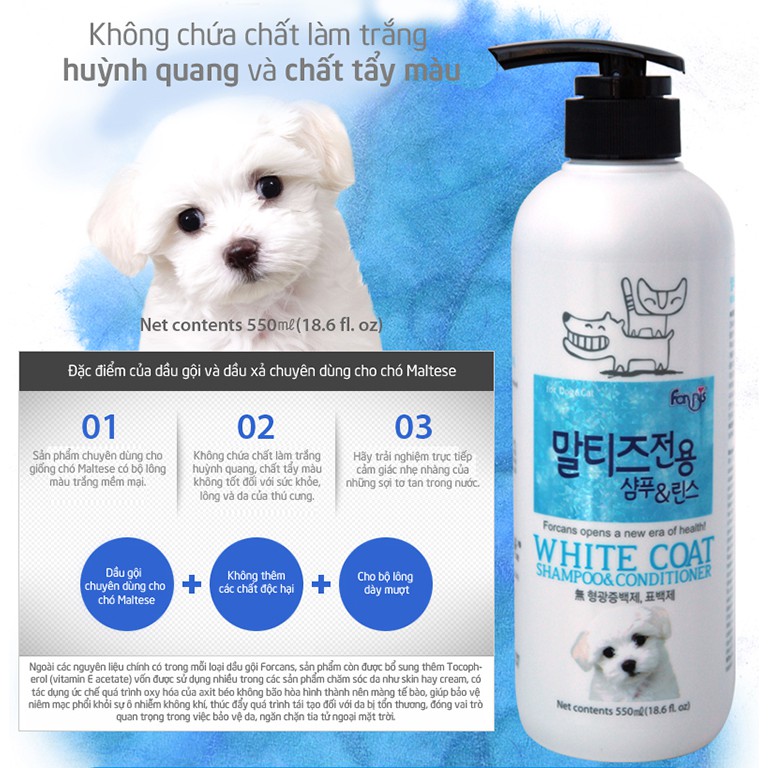 Sữa tắm cho chó lông trăng ForCans White Coat Forbis 550ml - Dầu gội và xả dành cho chó lông trắng