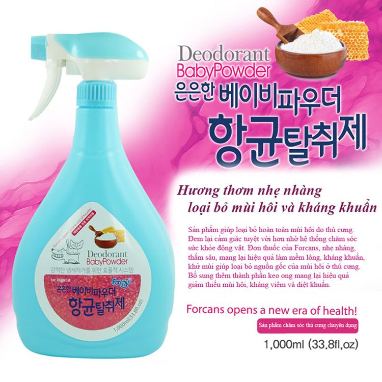 Dung dịch xịt khử mùi chó mèo | Forcans Deodorant BabyPowder | FREESHIP | Xịt khử mùi hương Baby Powder | 1000ml