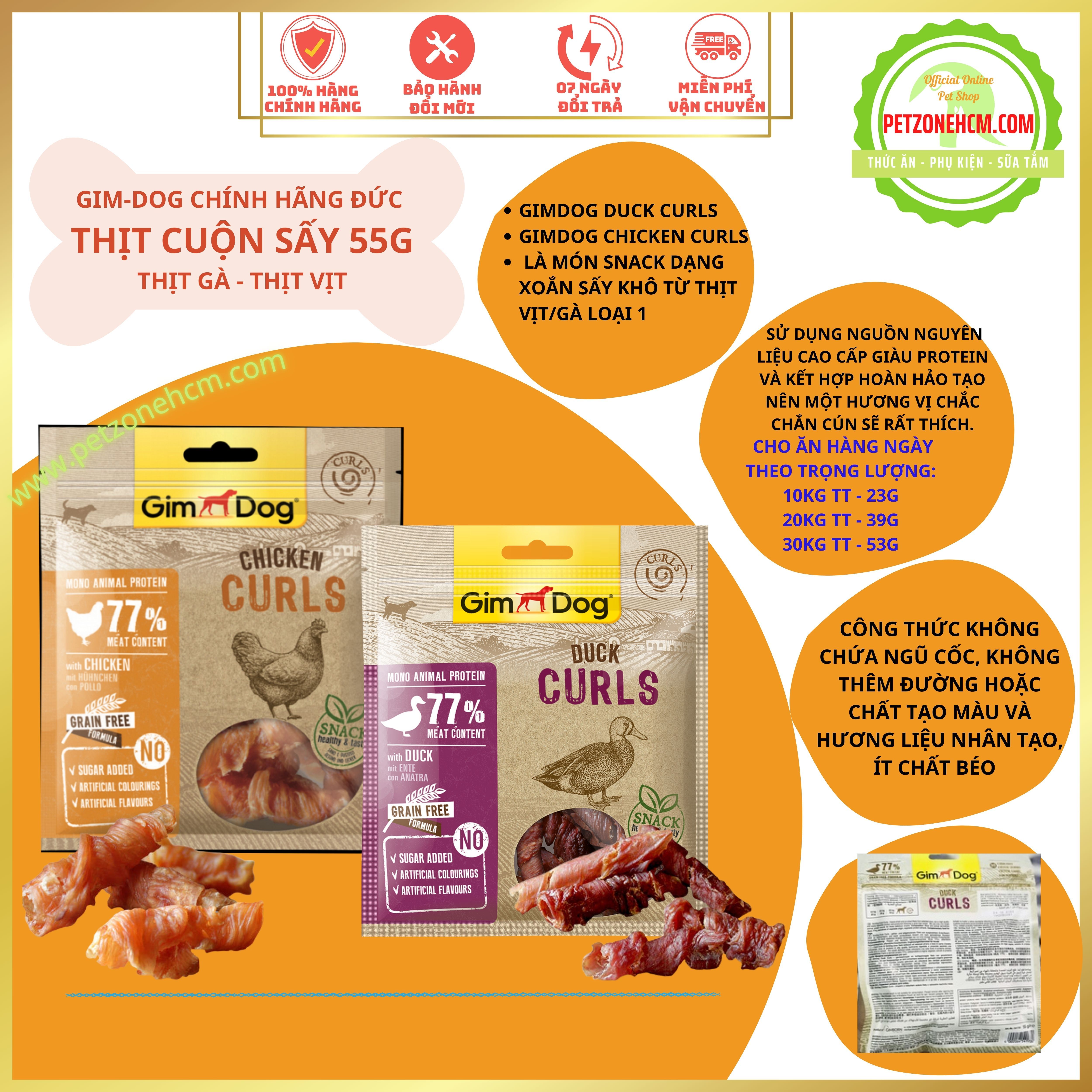 Thịt cuộn sấy GimDog Duck Curls-Chiken Curls 55g cho chó