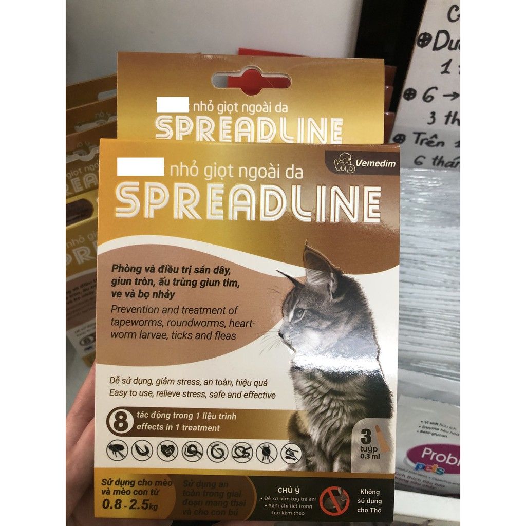 Vemedim SPREADLINE - Thuốc nhỏ giọt ngoài da phòng và điều trị sán dây, giun tròn, ấu trùng giun tim, ve và bọ nhảy cho mèo