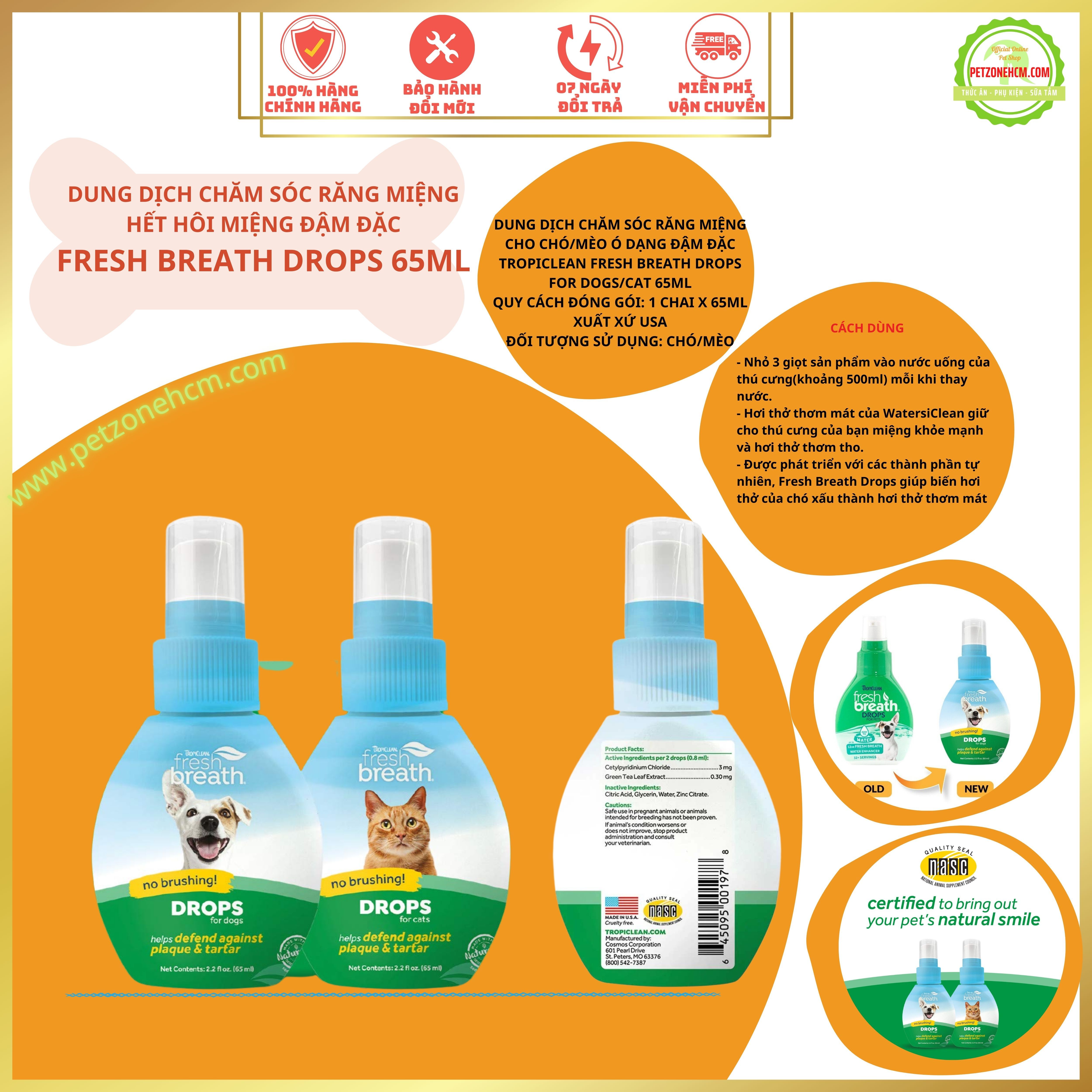 Dung dịch chăm sóc răng miệng đậm đặc cho chó mèo - Fresh Breath Drops 65ml