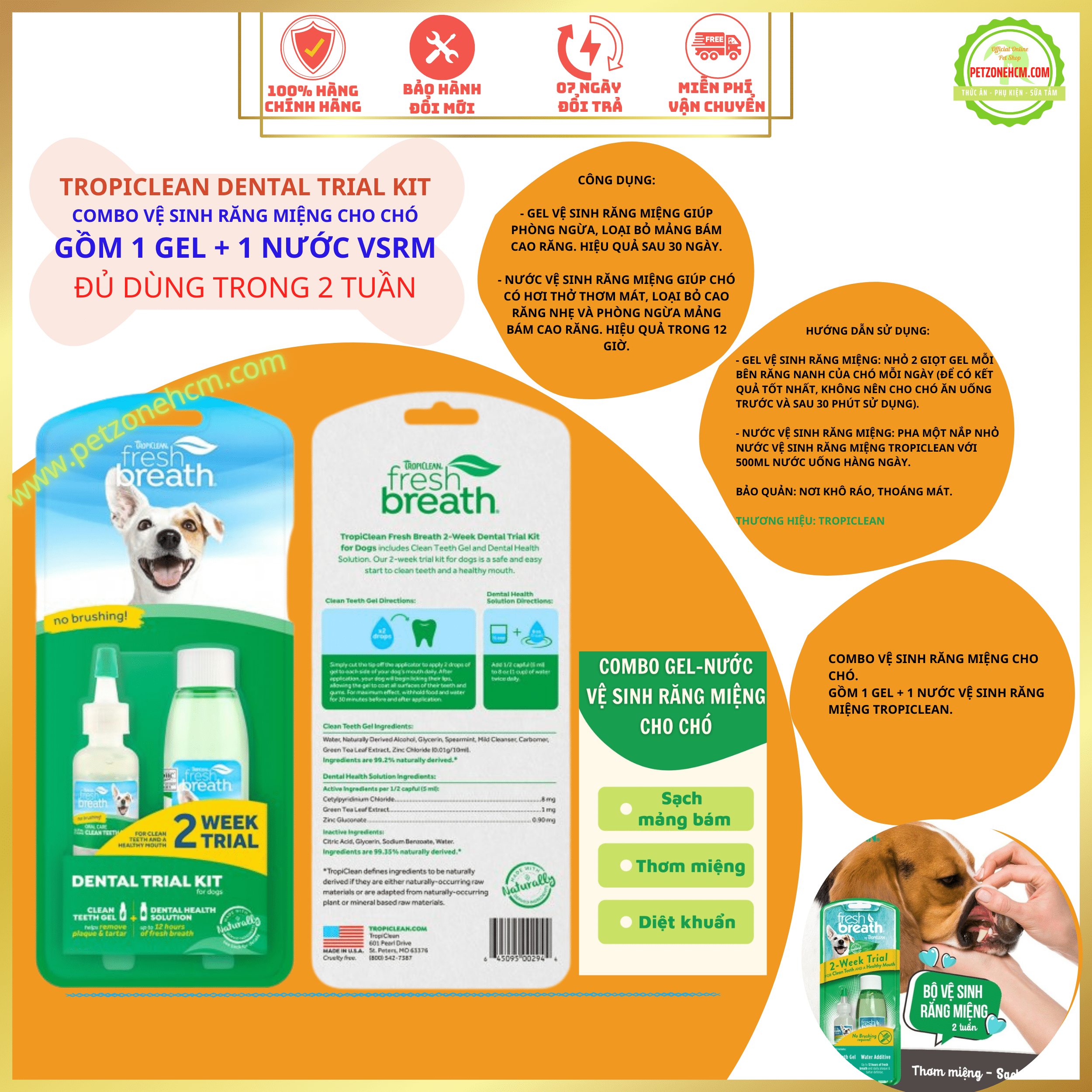 Combo vệ sinh răng miệng cho chó Tropiclean Fresh Breath Dental Trial Kit for Dogs