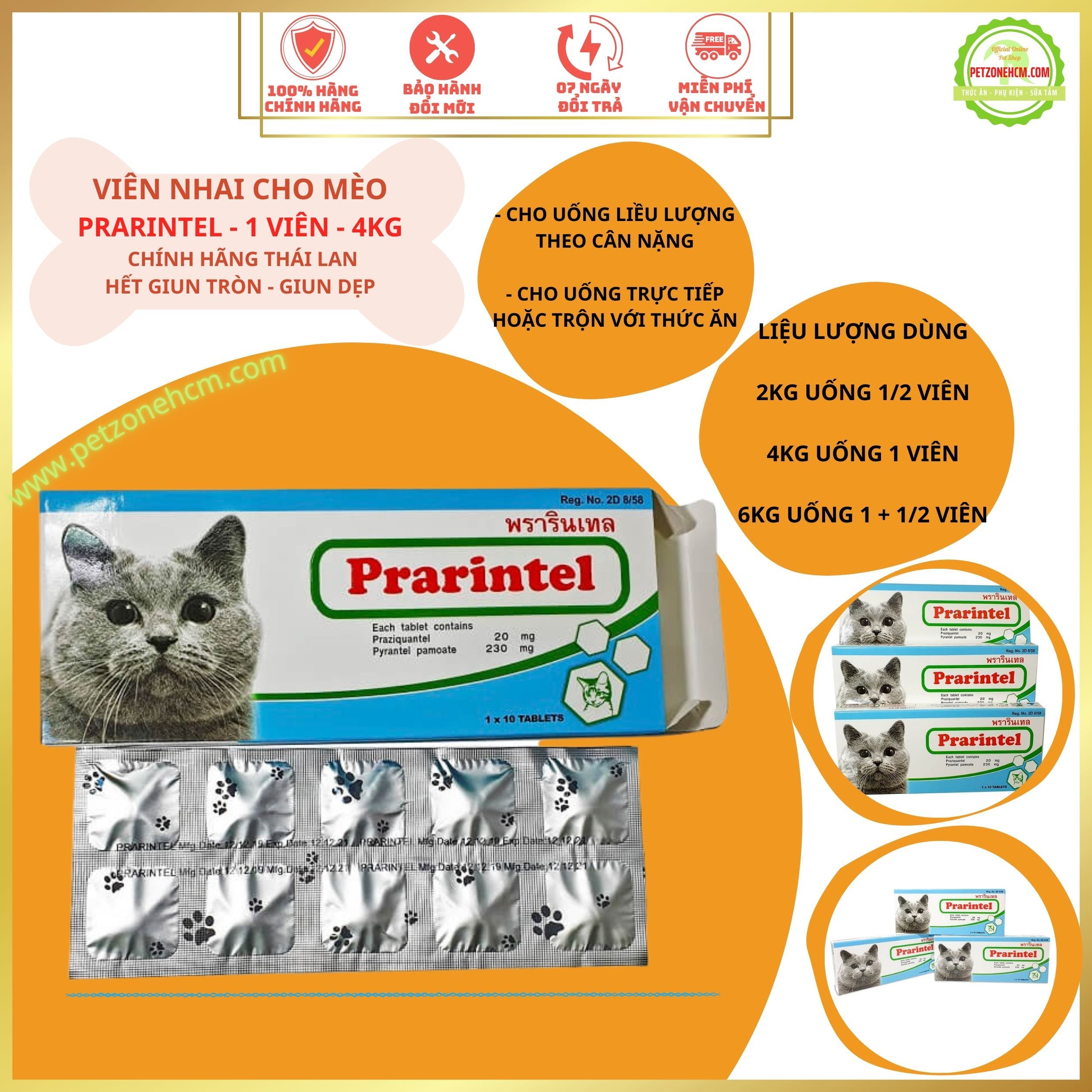 VIÊN XỔ GIUN MÈO 4KG PRARINTEL - THÁI LAN - 1 VIÊN