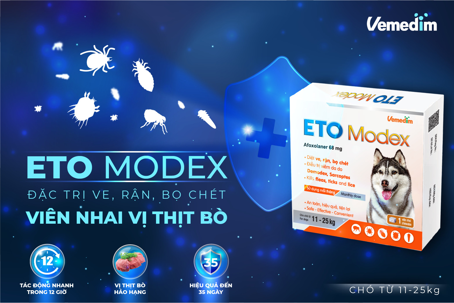 Vemedim ETO Modex - Diệt ve, rận, bọ chét, điều trị viêm da do Demodex, Sarcoptes